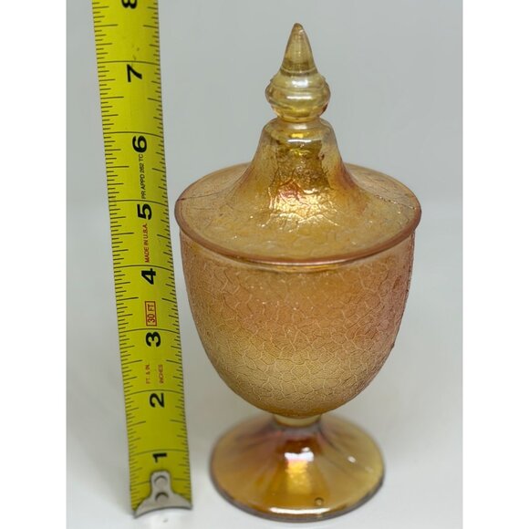 VTG Jeanette Marigold Carnival Glass Crackle Apothecary Candy Jar 7.75" Textured - Picture 8 of 8